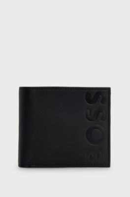 Embossed-logo wallet in grained leather with coin pocket, Black