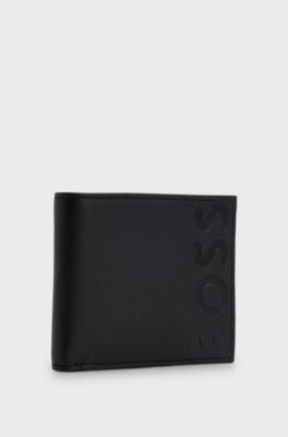 Embossed-logo wallet in grained leather with coin pocket, Black