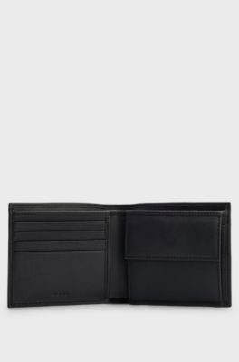 Embossed-logo wallet in grained leather with coin pocket, Black