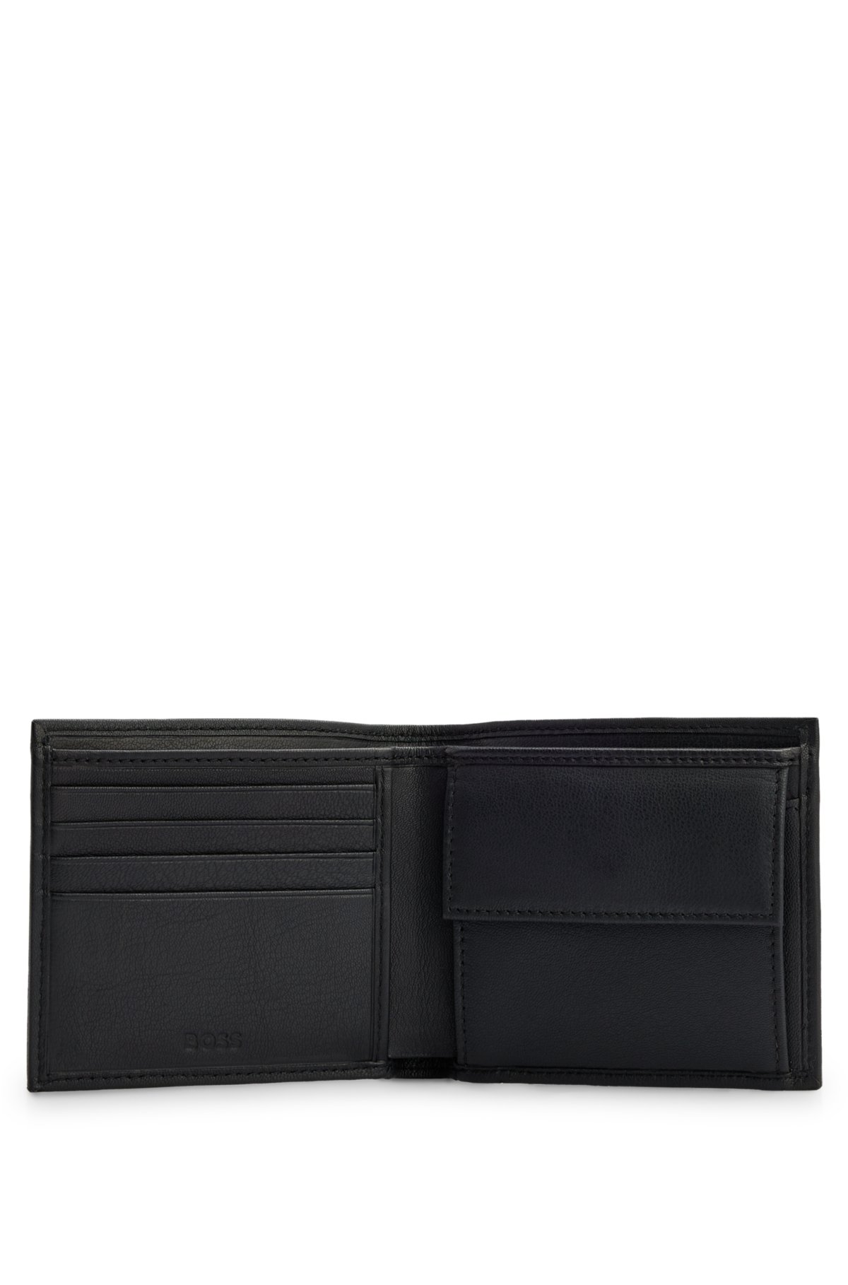 Embossed-logo wallet in grained leather with coin pocket, Black