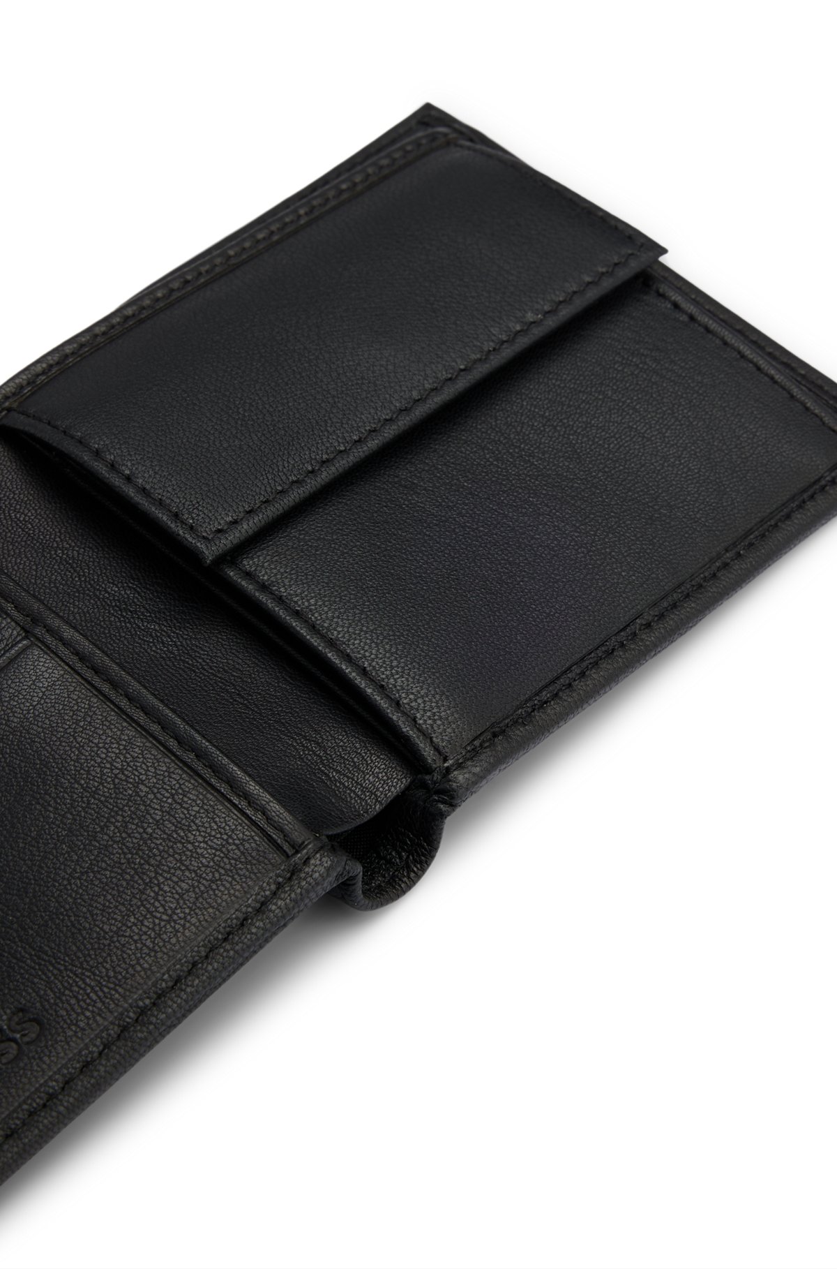 Embossed-logo wallet in grained leather with coin pocket, Black