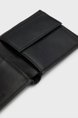 Embossed-logo wallet in grained leather with coin pocket, Black