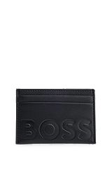 Grained-leather card holder with embossed logo, Black