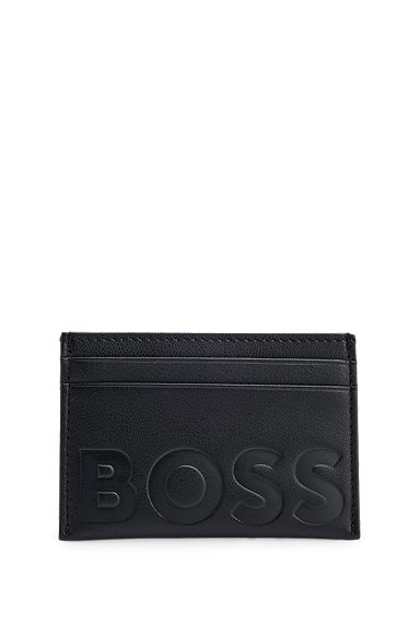 Grained-leather card holder with embossed logo, Black