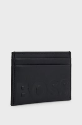 Grained-leather card holder with embossed logo, Black
