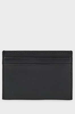 Grained-leather card holder with embossed logo, Black