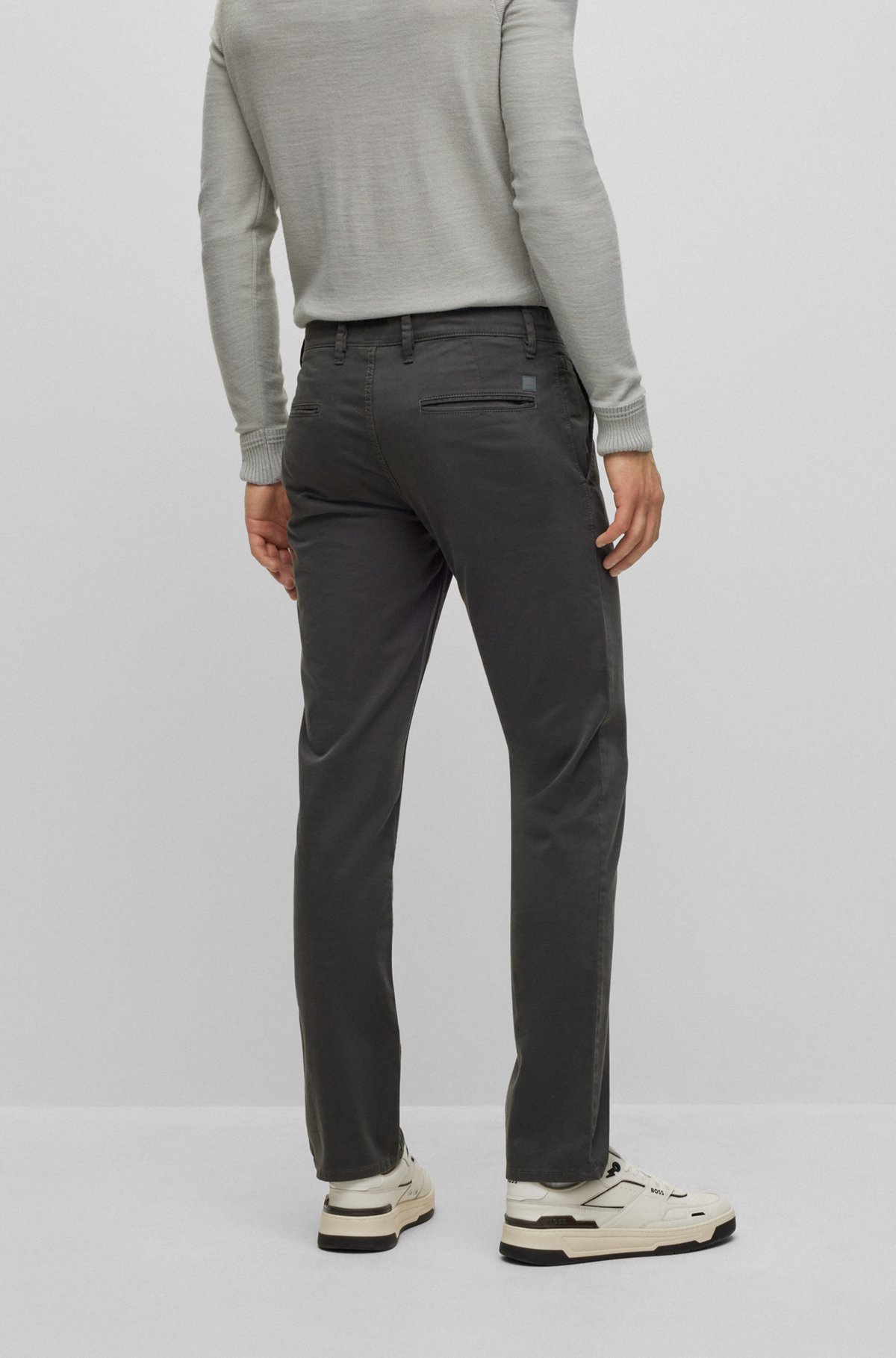 Slim-fit trousers in stretch-cotton satin, Dark Grey