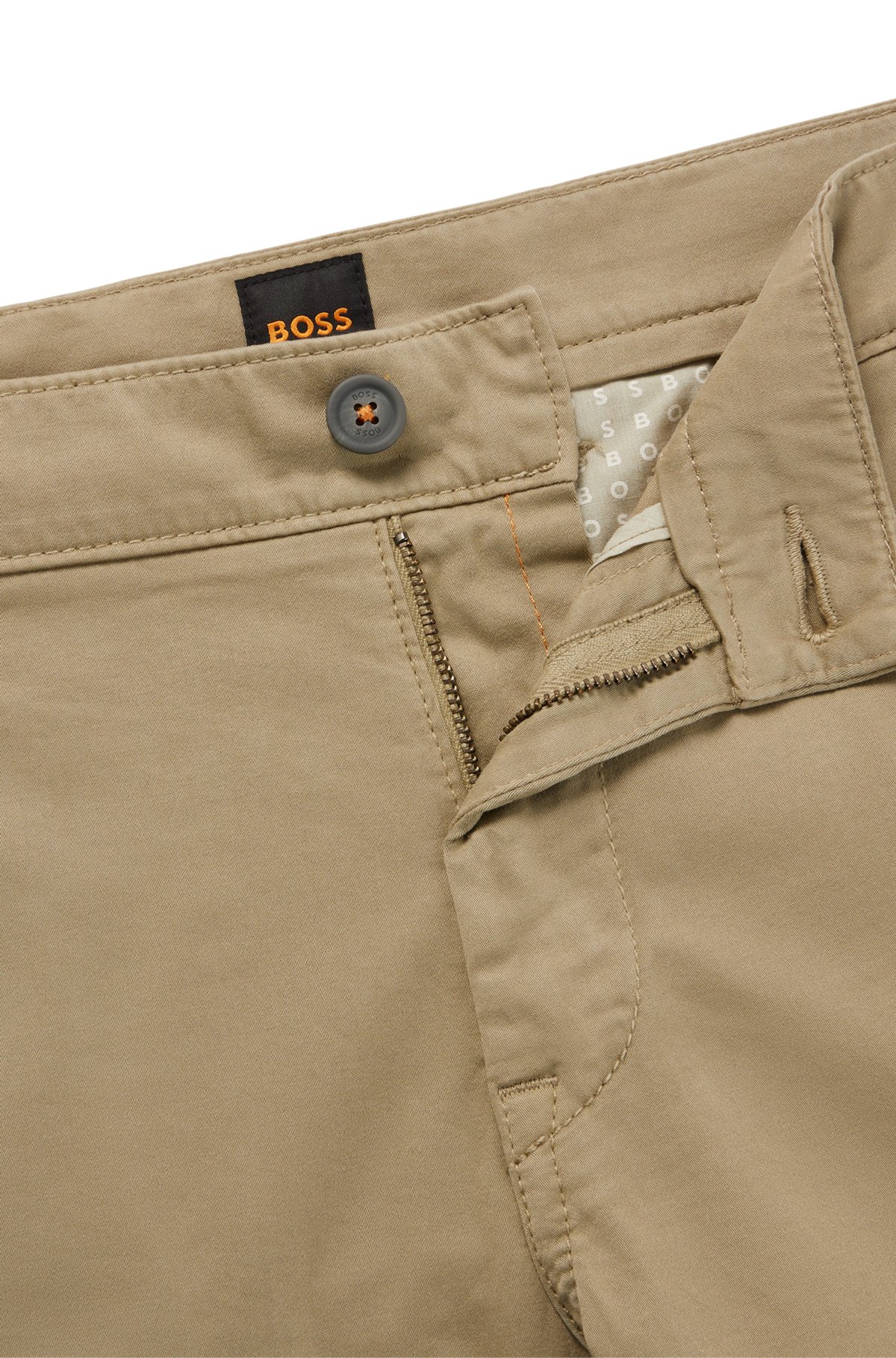 Slim-fit trousers in stretch-cotton satin, Beige