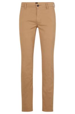 Hugo Boss Slim-fit Trousers In Stretch-cotton Satin In Brown