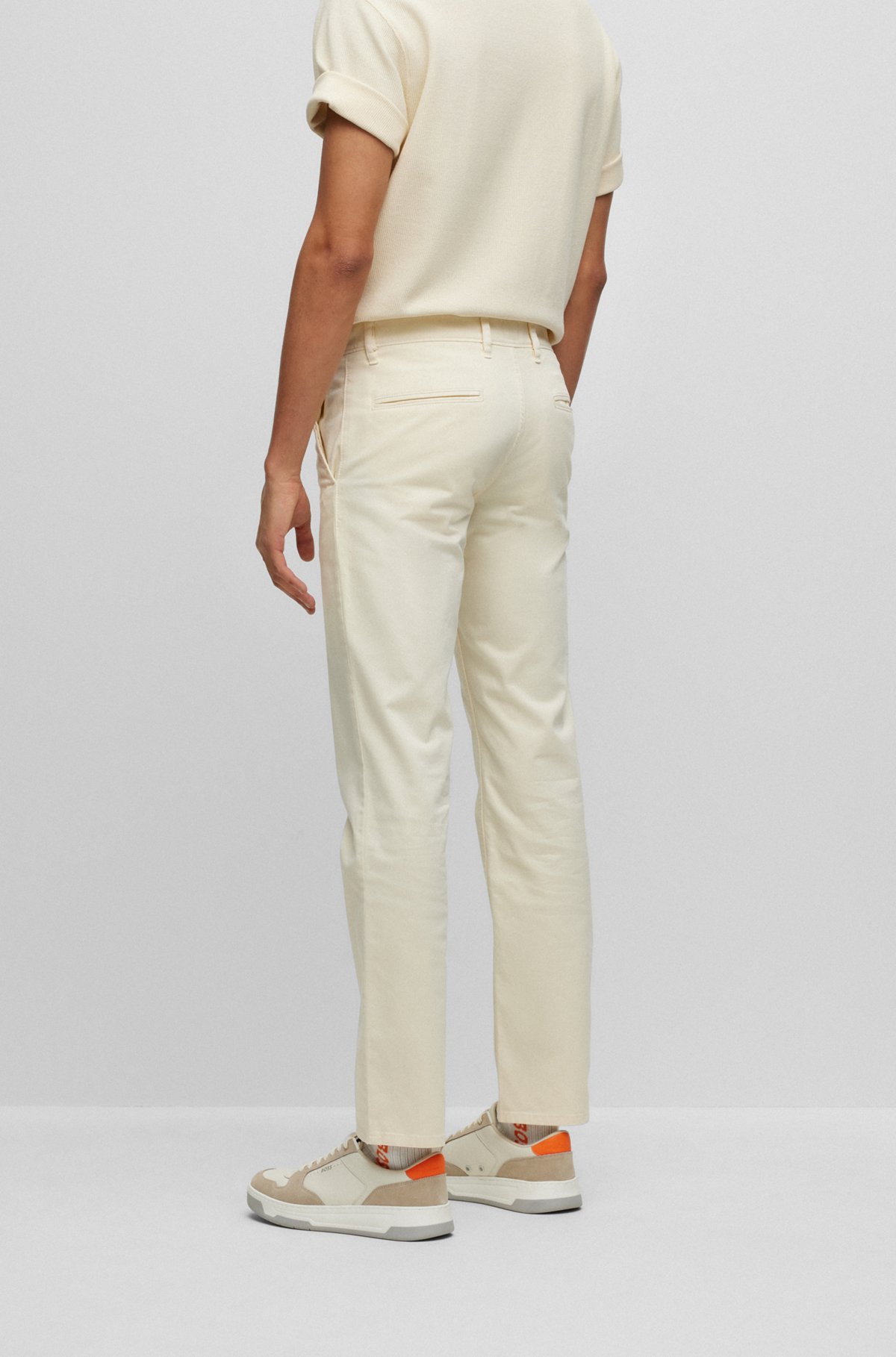 Slim-fit trousers in stretch-cotton satin, Light Beige