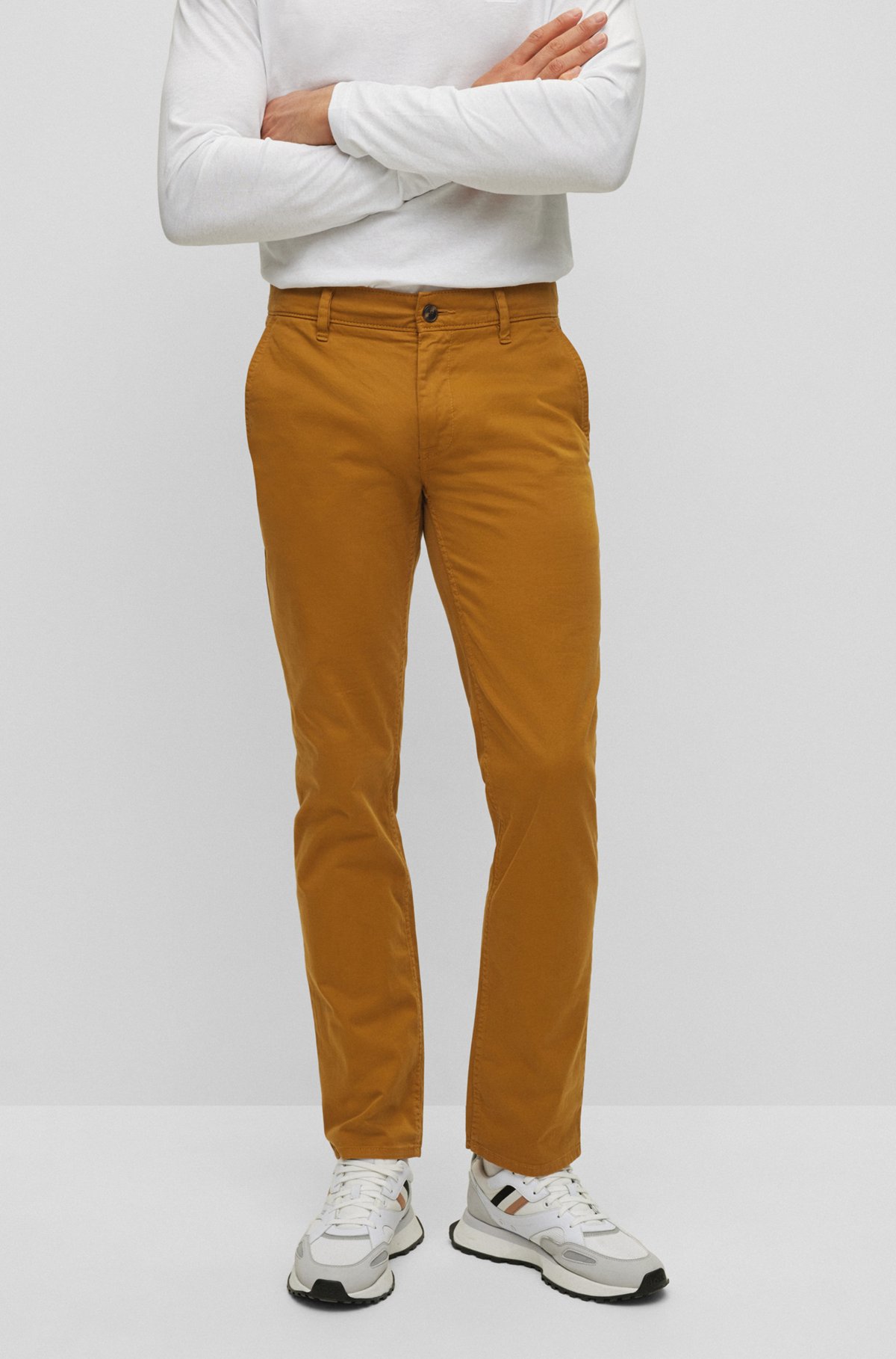 Slim-fit trousers in stretch-cotton satin, Beige