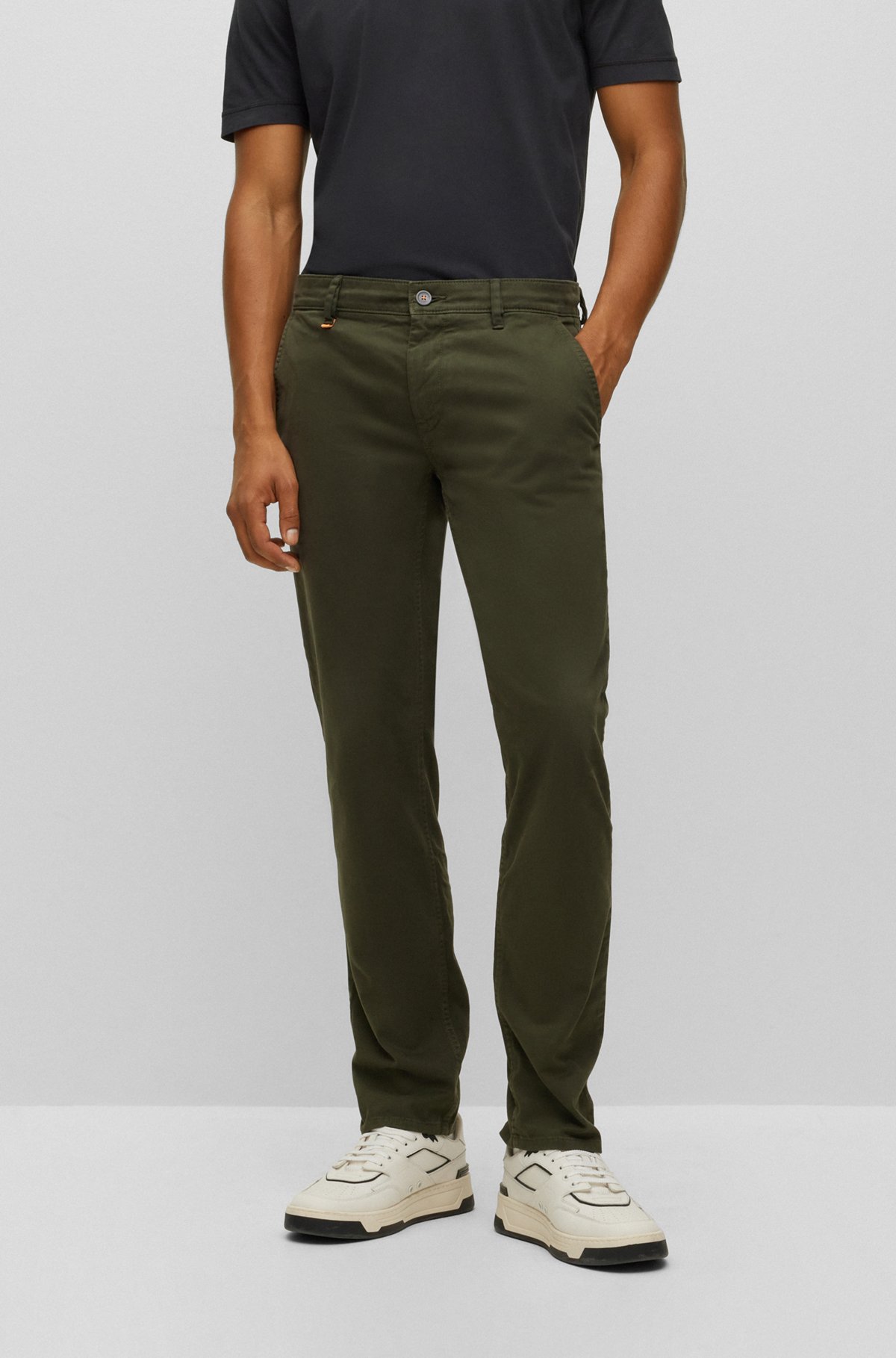 Slim-fit trousers in stretch-cotton satin, Dark Green