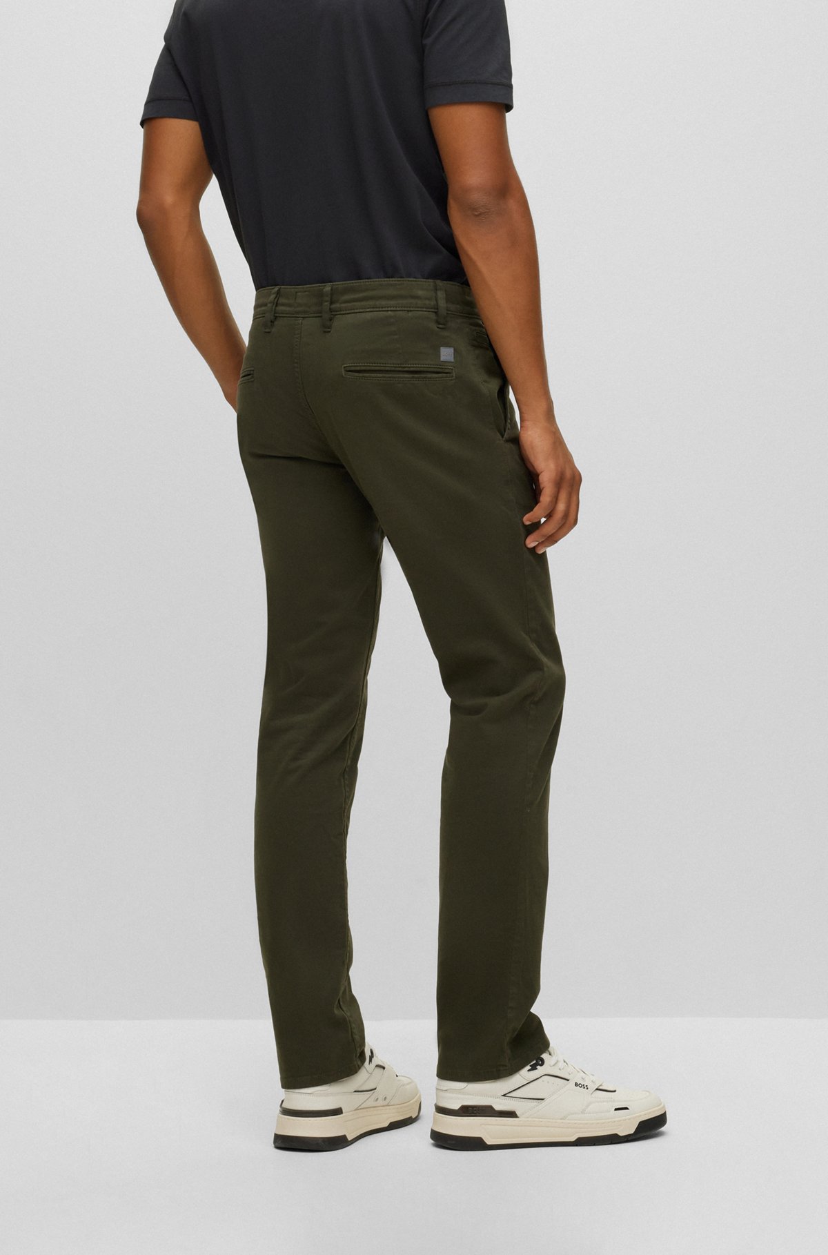 Slim-fit trousers in stretch-cotton satin, Dark Green