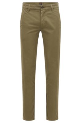 Hugo Boss Slim-fit Trousers In Stretch-cotton Satin- Light Green Men's Casual Pants Size 32/32