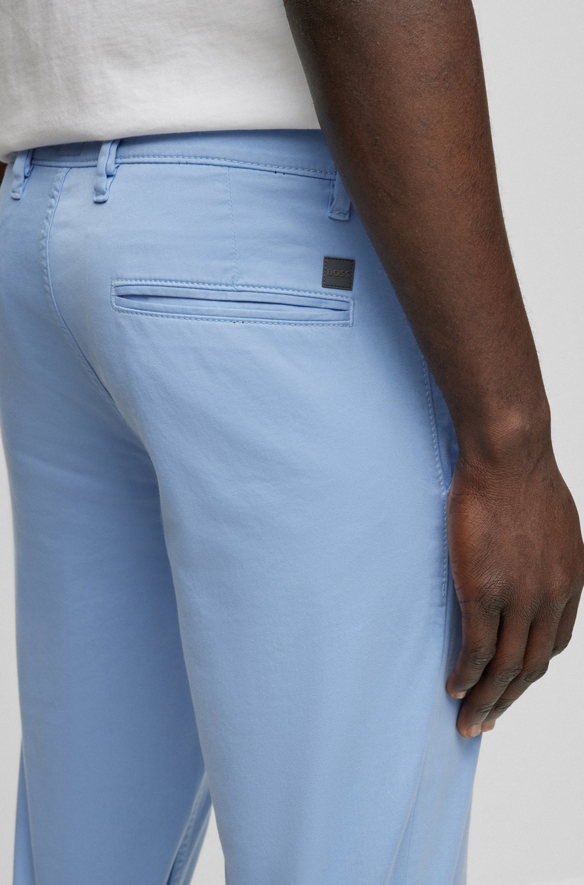 Slim-fit trousers in stretch-cotton satin, Light Blue
