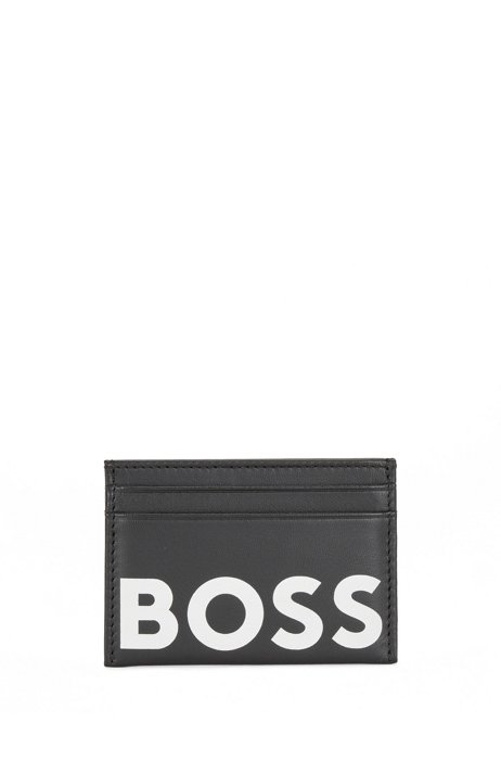 Grained-leather card holder with contrast logo, Black
