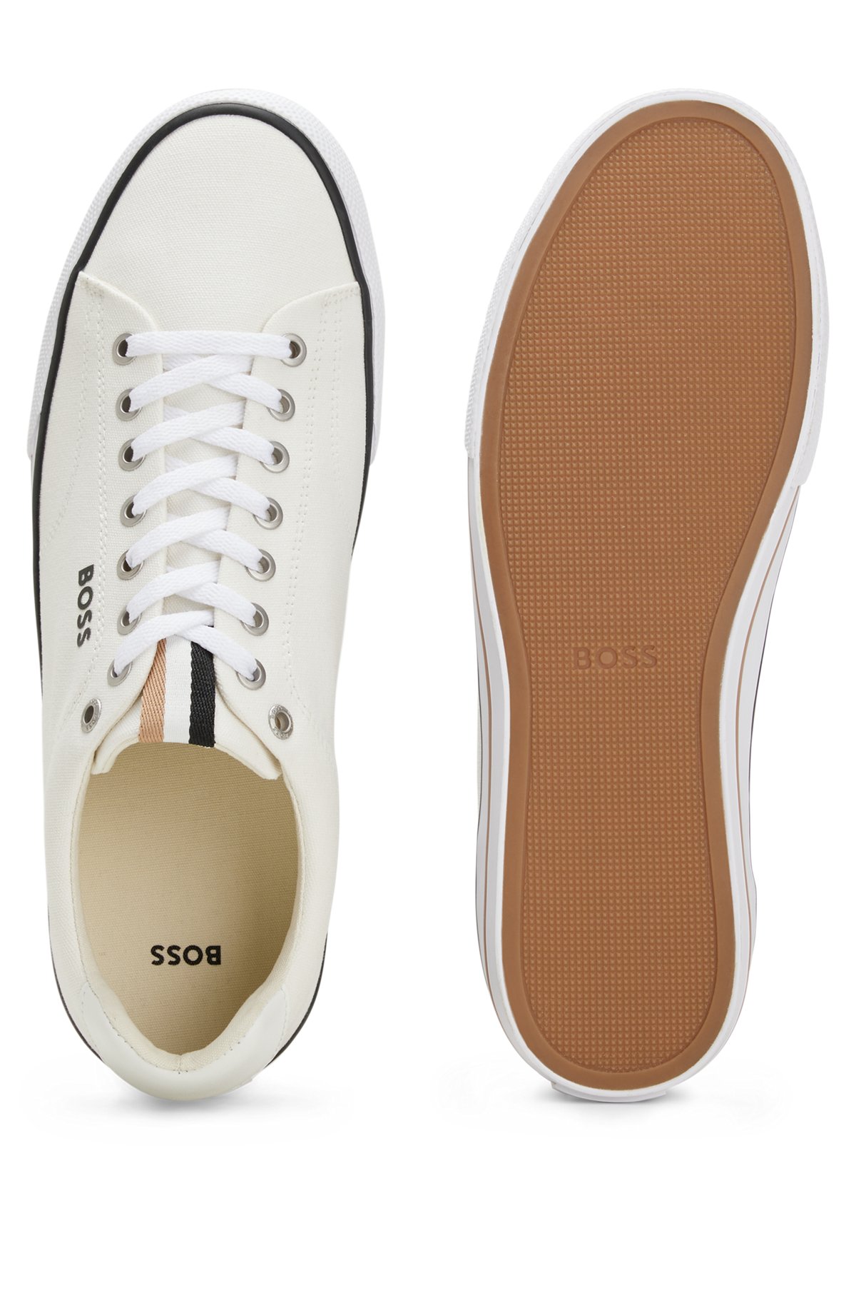 Sneakers in tela di cotone con rifinitura a righe tipica del marchio, Bianco