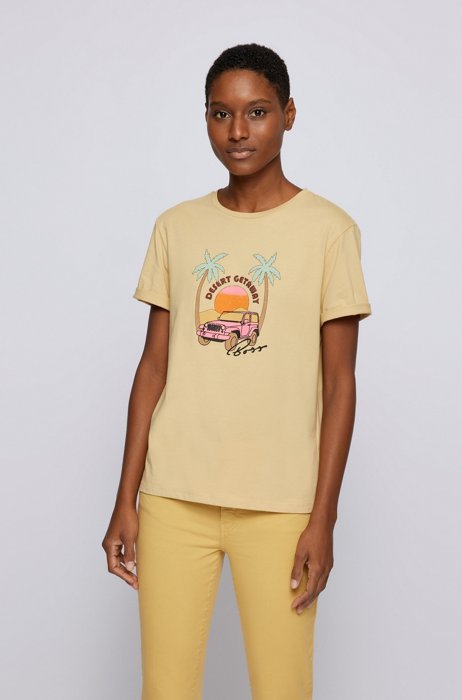 Organic-cotton regular-fit T-shirt with summery print, Light Beige