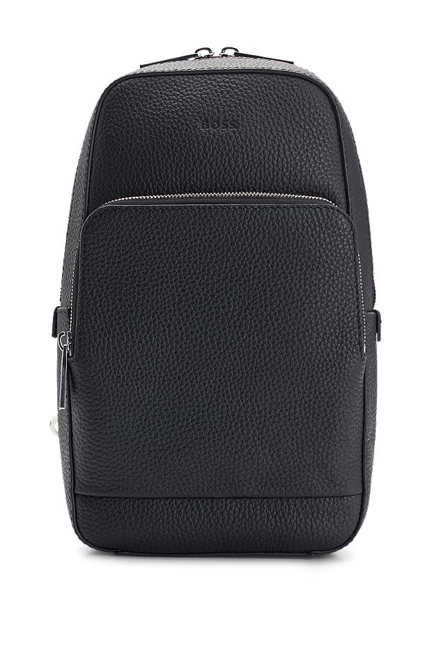 Grained Italian-leather mono-strap backpack with embossed logo, Black