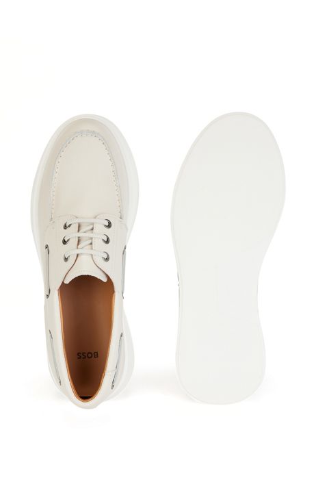 Mens Shoes Slip-on shoes Boat and deck shoes BOSS by HUGO BOSS Polished-leather Boat Shoes With Rubber Sole in White for Men 
