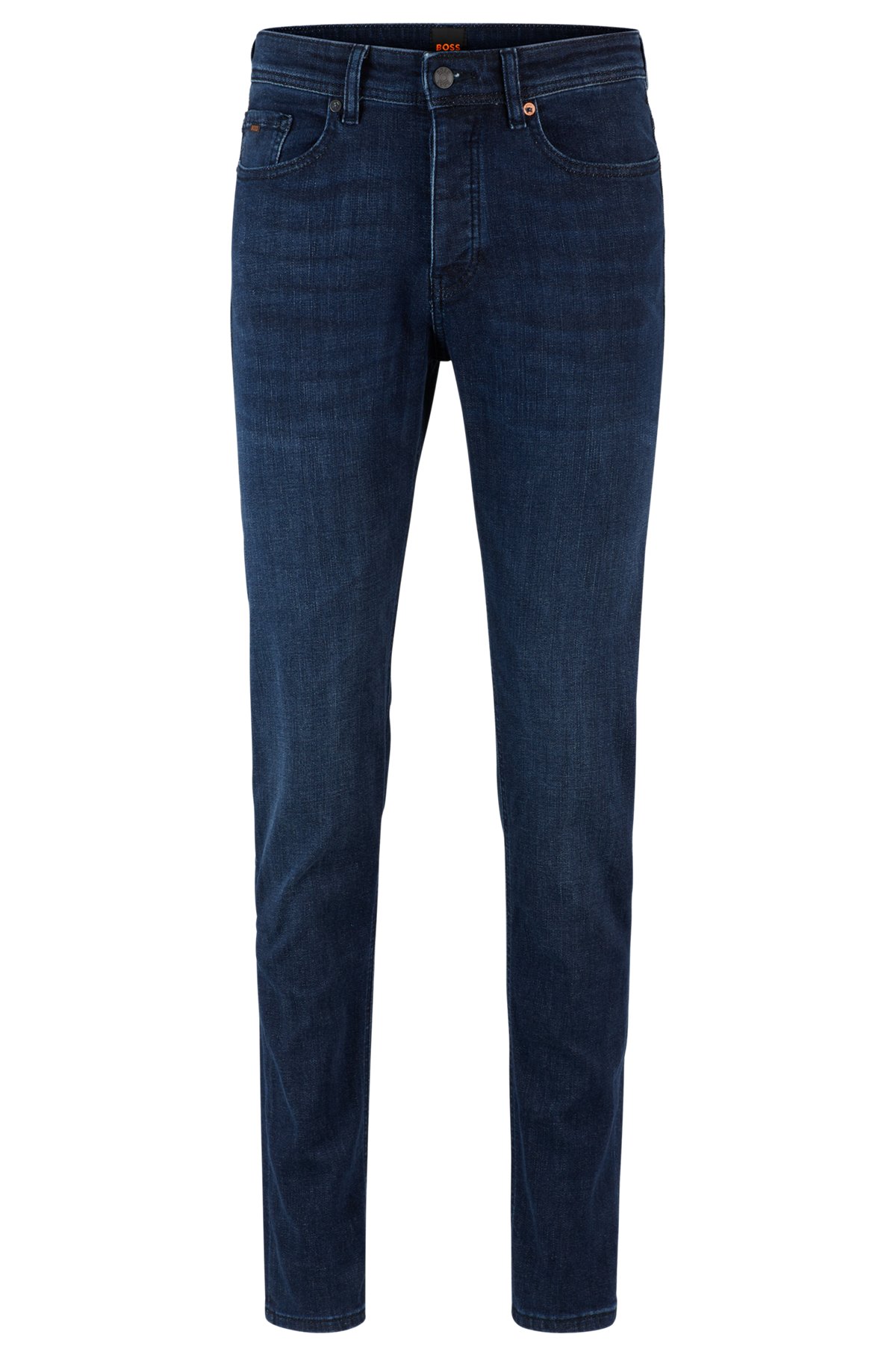Tapered-fit jeans in dark-blue super-stretch denim, Dark Blue
