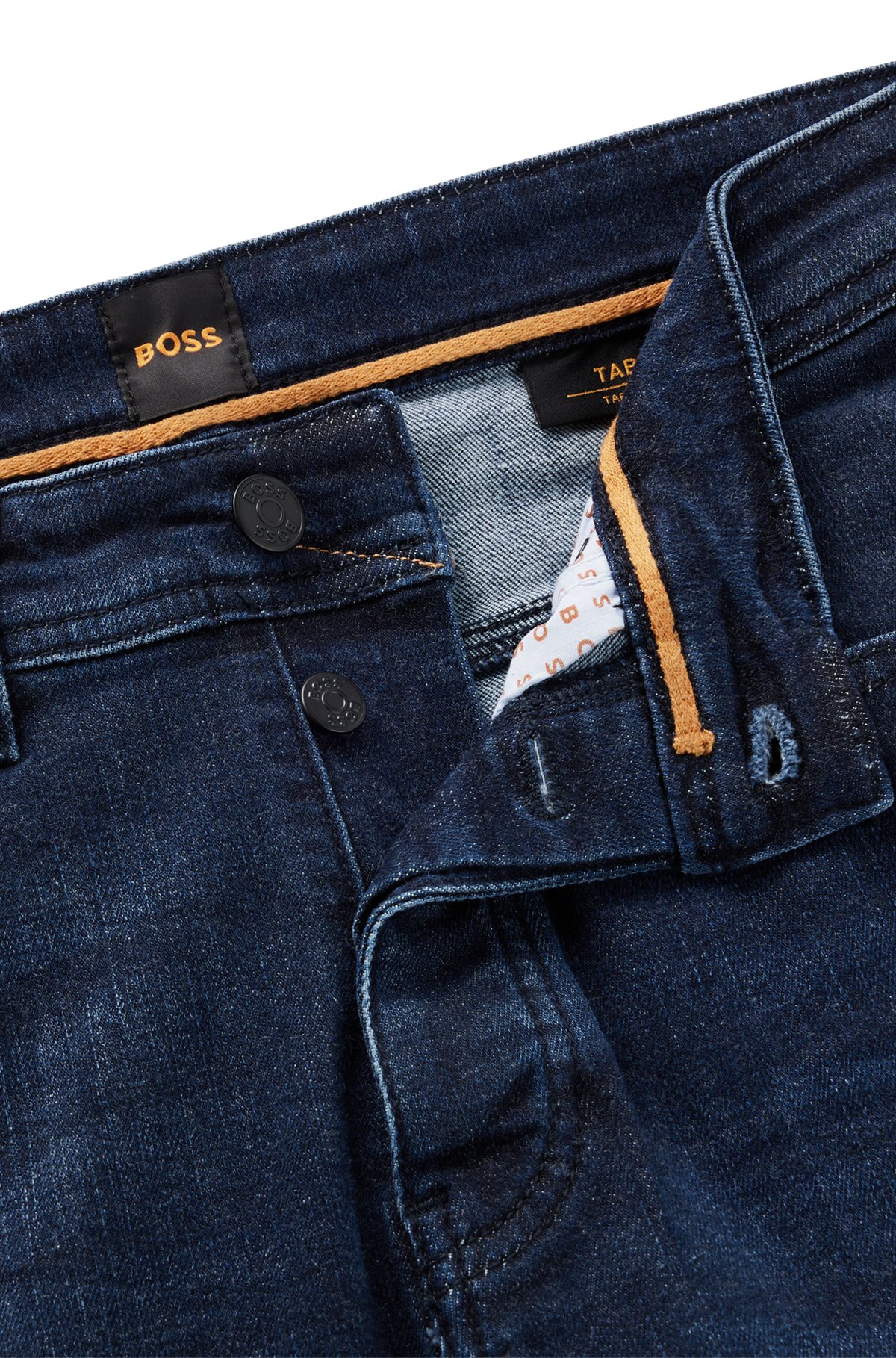 Tapered-fit jeans in dark-blue super-stretch denim, Dark Blue