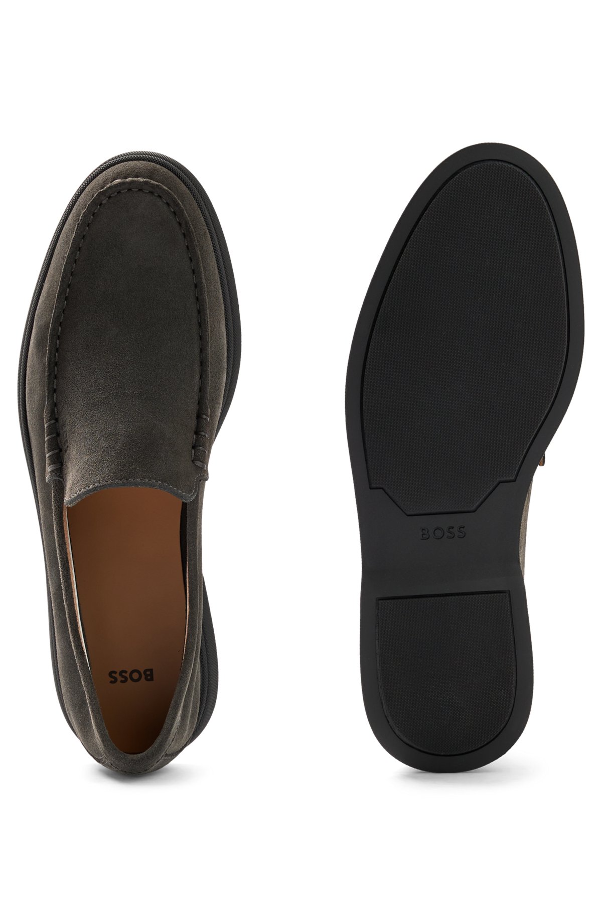 Suede moccasins with embossed logo, Dark Grey
