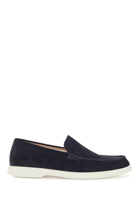 Suede moccasins with embossed logo, Dark Blue
