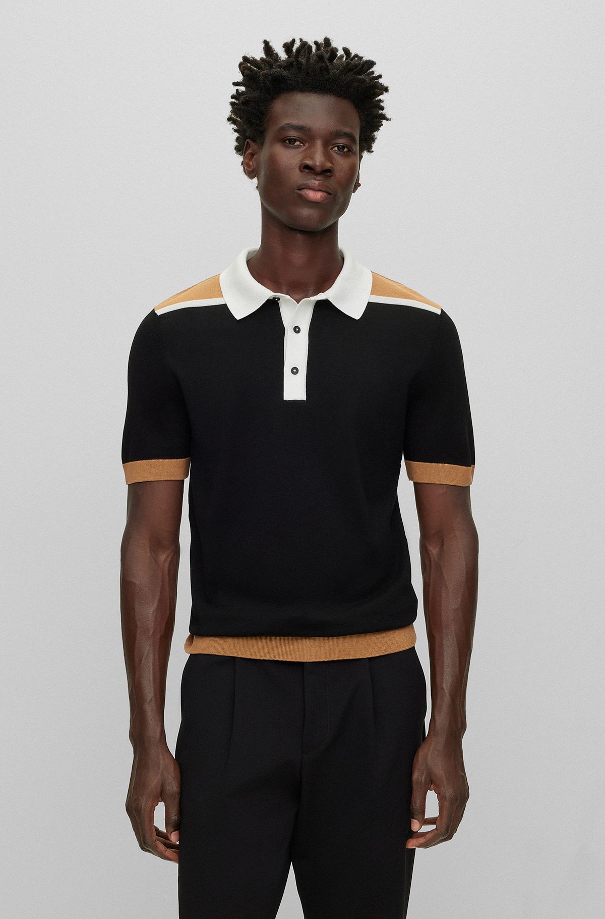 Mercerised-cotton polo shirt with colour-blocking, Black