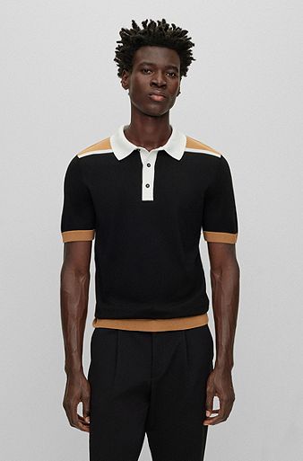Mercerised-cotton polo shirt with colour-blocking, Black