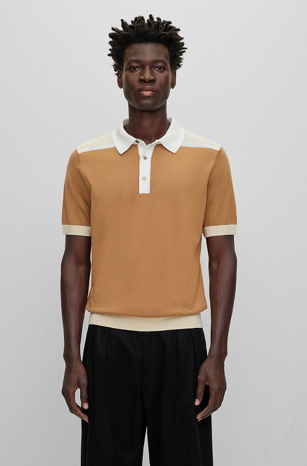 Mercerised-cotton polo shirt with colour-blocking, Beige