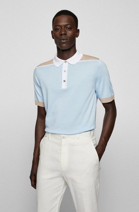 Mercerised-cotton polo shirt with colour-blocking, Light Blue