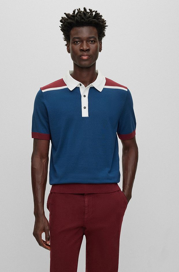 Mercerised-cotton polo shirt with colour-blocking, Dark Blue