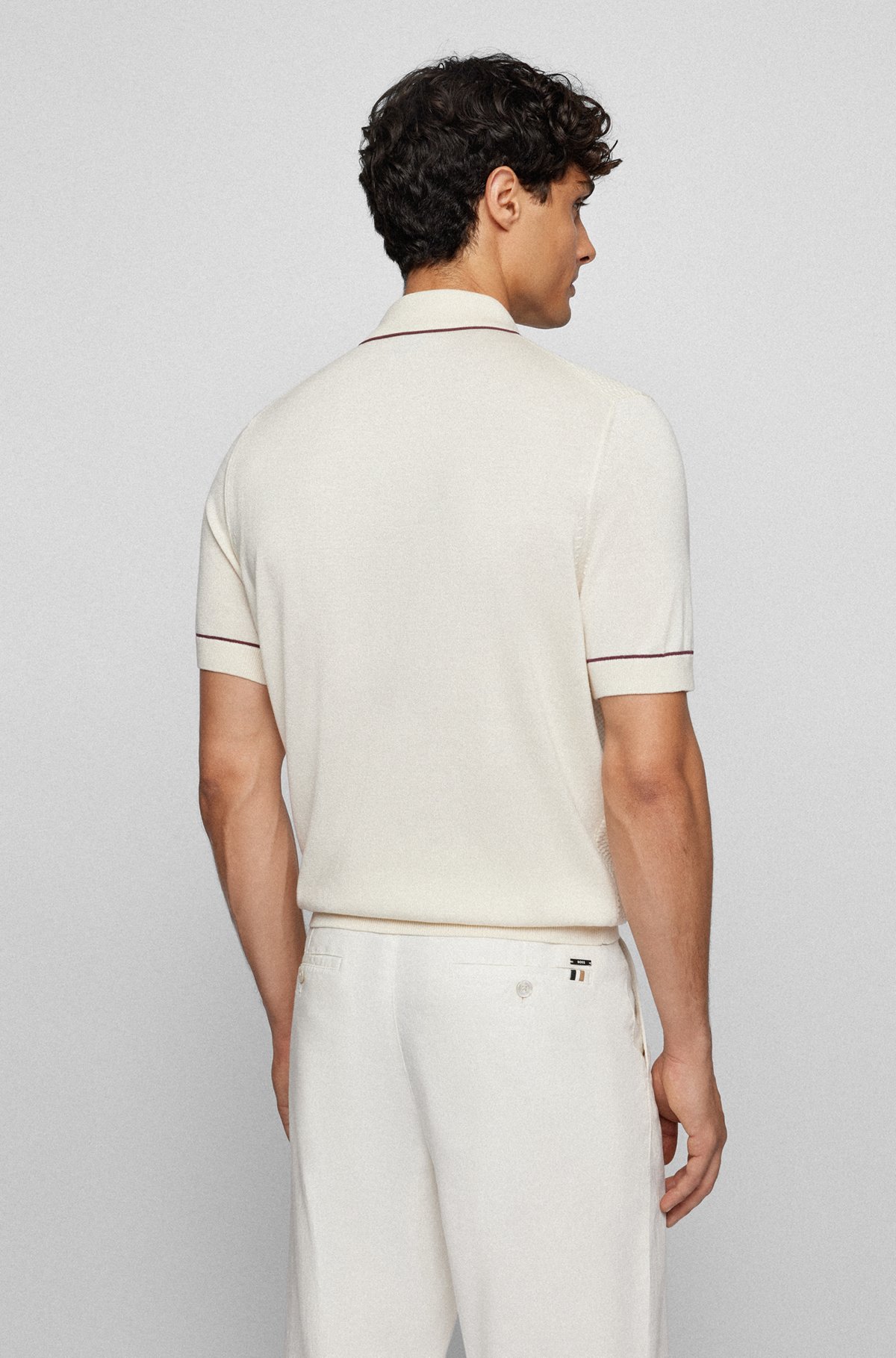 Silk-cotton polo shirt with structured front panel, White