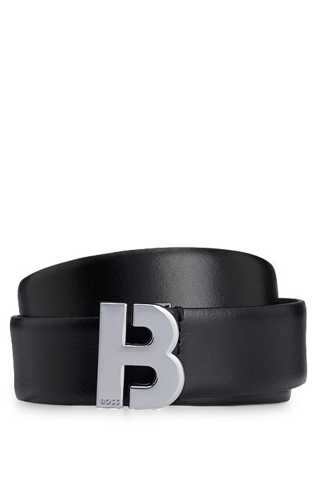 Italian-leather belt with monogram buckle, Black