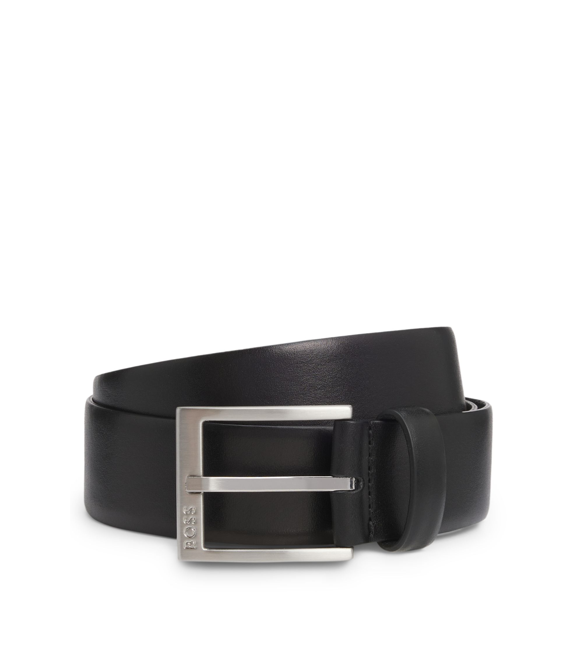 HUGO BOSS ブラックレザーベルト BOSS - イタリアンレザーベルト シルバートーンバックル - ブラック