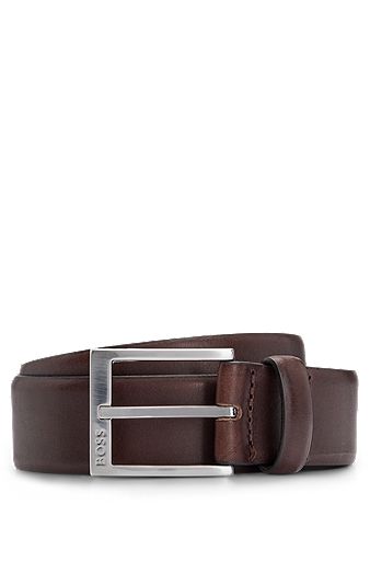Cinturón de piel italiana con hebilla plateada, Marrón oscuro