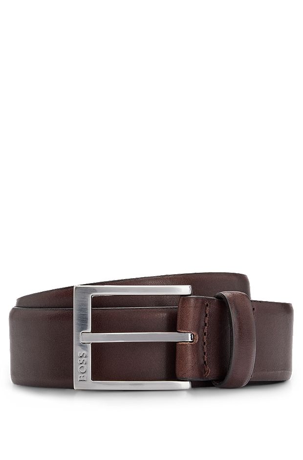 Cinturón de piel italiana con hebilla plateada, Marrón oscuro