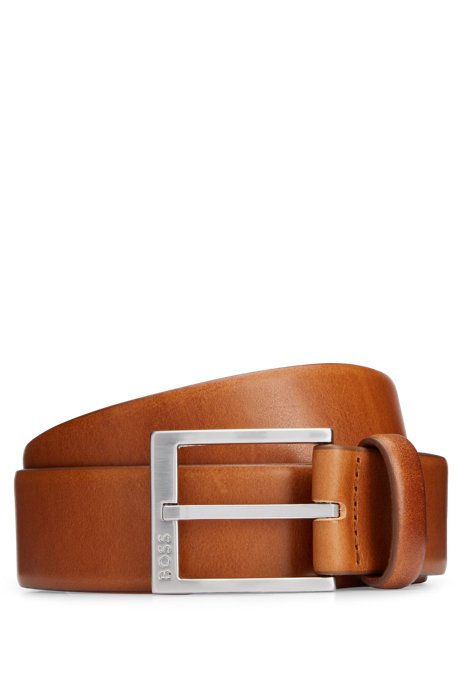 Italian-leather belt with silver-toned buckle, Brown