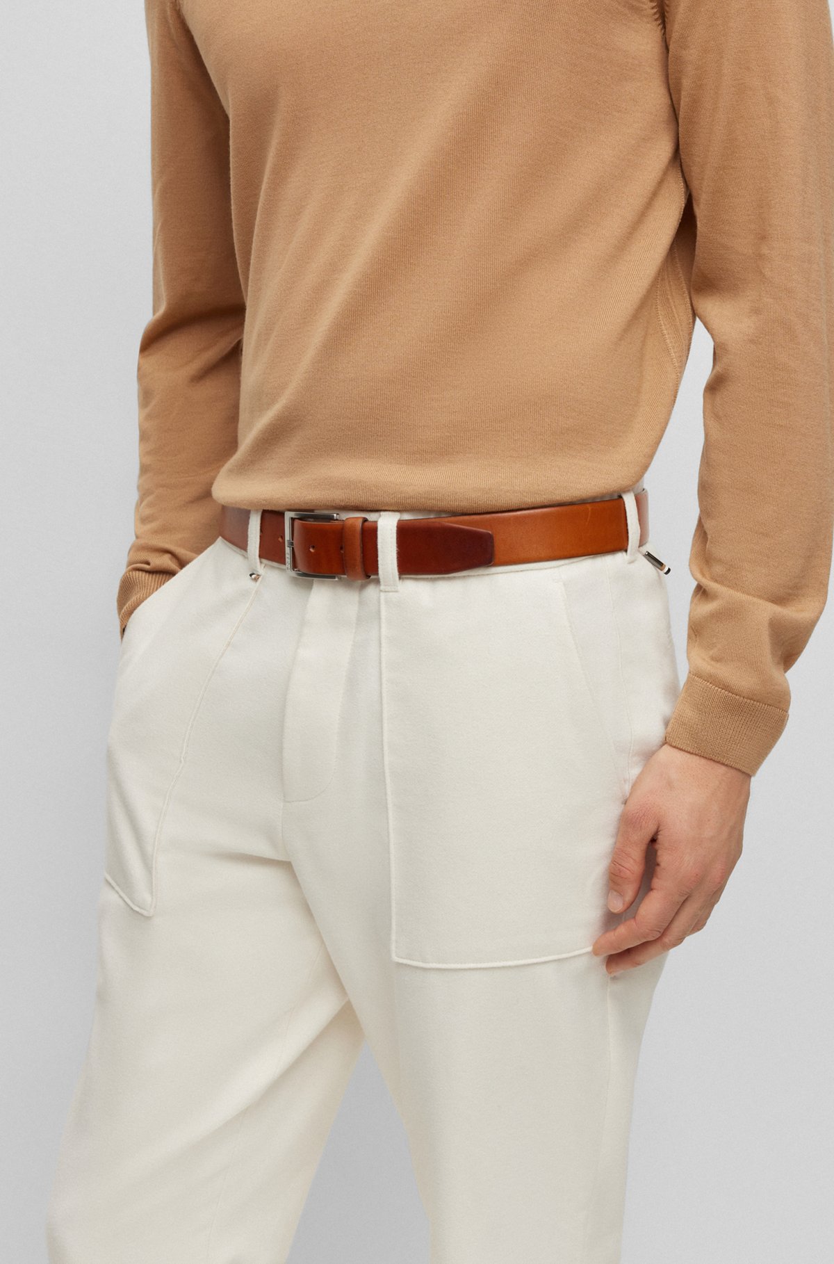 Italian-leather belt with silver-toned buckle, Brown