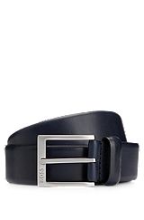 Italian-leather belt with silver-toned buckle, Dark Blue