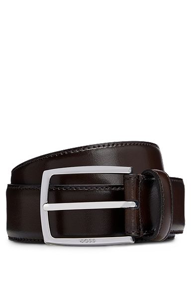 Cinturón de piel pulida fabricado en Italia con detalle de costuras, Marrón oscuro