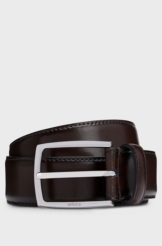 Italian-made polished-leather belt with stitching detail, Dark Brown