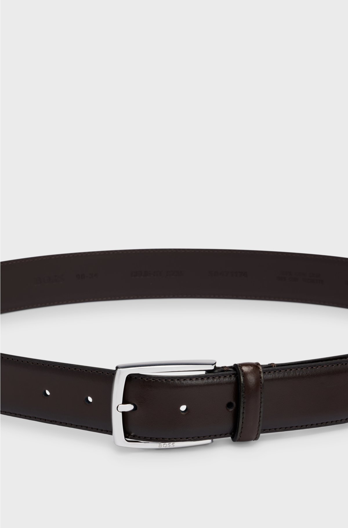 Italian-made polished-leather belt with stitching detail, Dark Brown