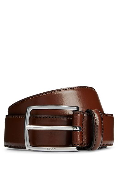Cinturón de piel pulida fabricado en Italia con detalle de costuras, Marrón