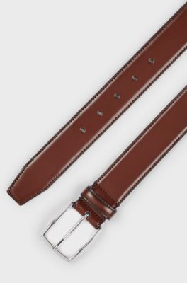 Italian-made polished-leather belt with stitching detail, Brown