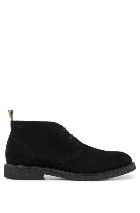 Desert boots in suede with signature-stripe pull loop, Black