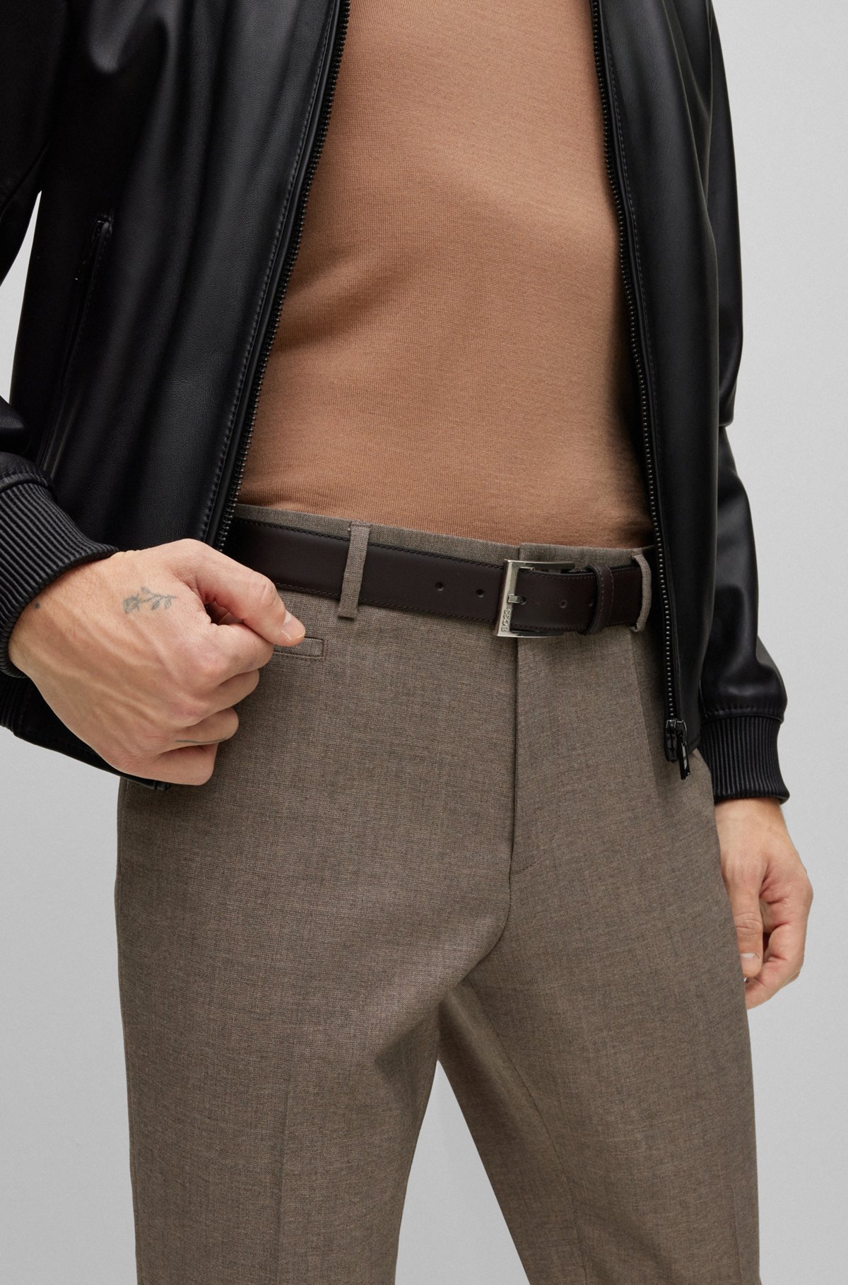 Italian-leather belt with logo buckle, Dark Brown