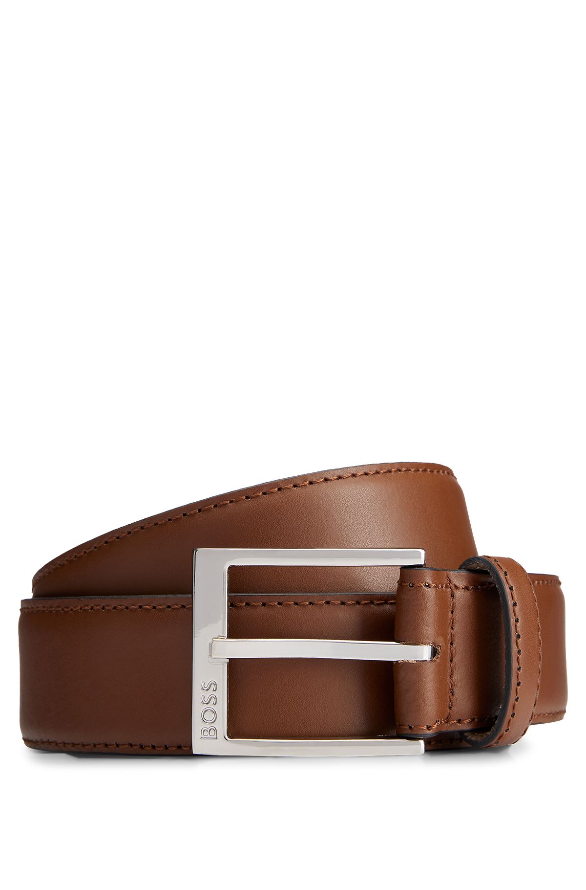 Italian-leather belt with logo buckle, Brown
