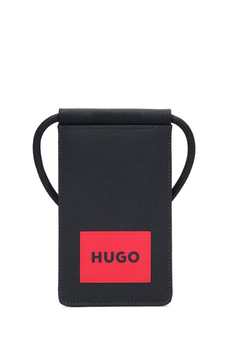 Recycled-material neck pouch with red logo label, Black